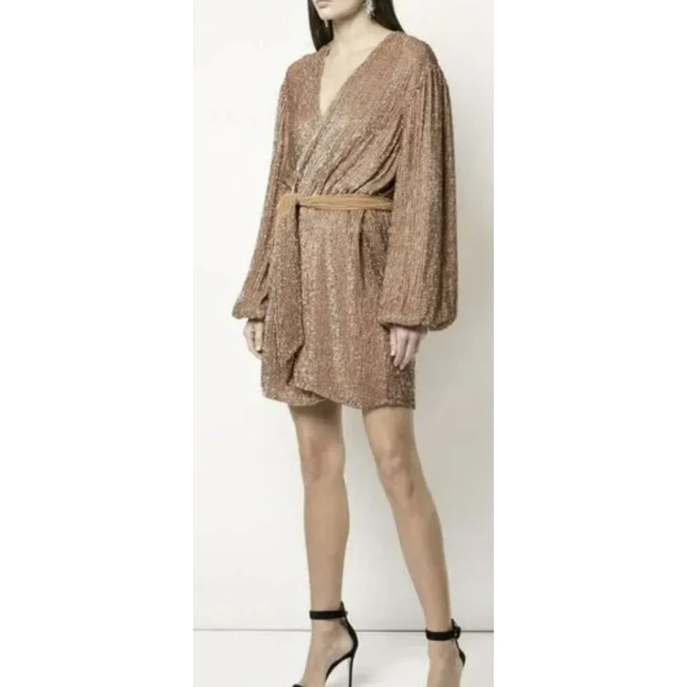 Retrofete $635 Bronze Mini Dress Gabrielle Sequin Velvet Belted Wrap NWT Medium